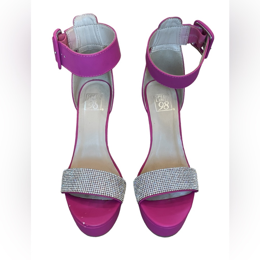 Speed Limit Hot Pink With Rhinestone front strap, 5” heels, ankle strap Size 5.5
